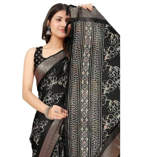 Women's Cotton Silk Floral Printed Saree With Unstitched Blouse 5.5Mtr (Black)-PID66539