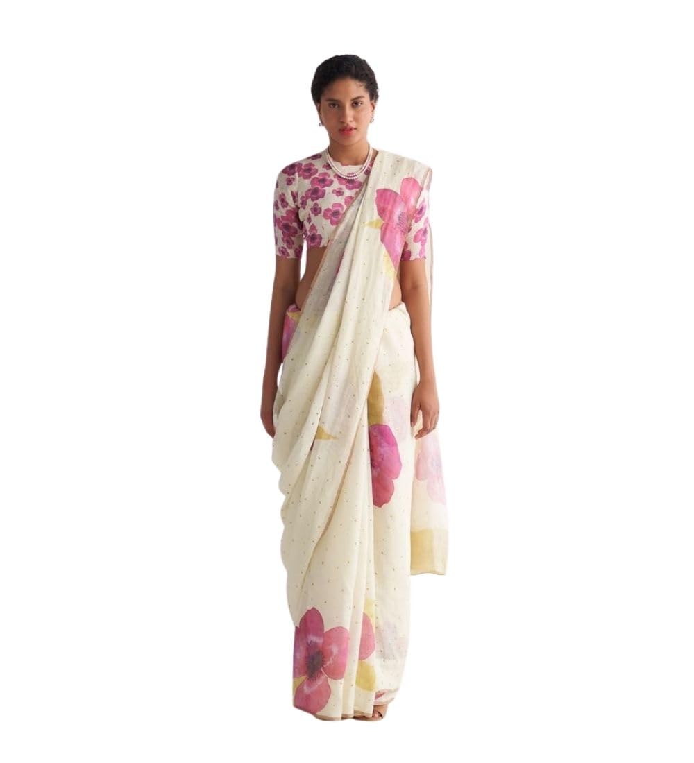 DARSHANS Women's Linen Printed Saree With Unstitched Blouse 5.5Mtr (White)-PID65174