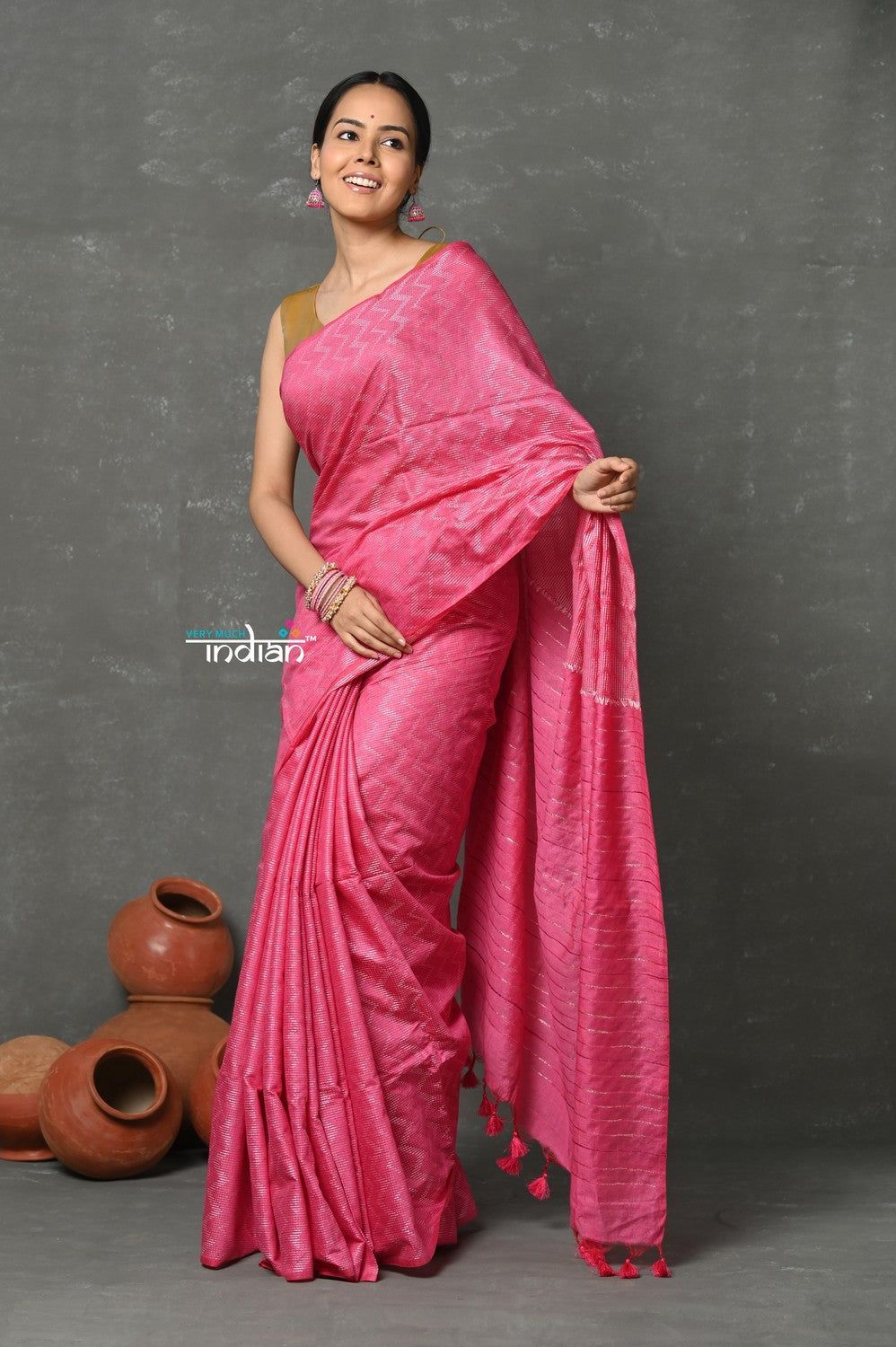 Tyohaar ~ Designer! Cotton Viscose Hand Dyed Saree With Sleek Border - Pink