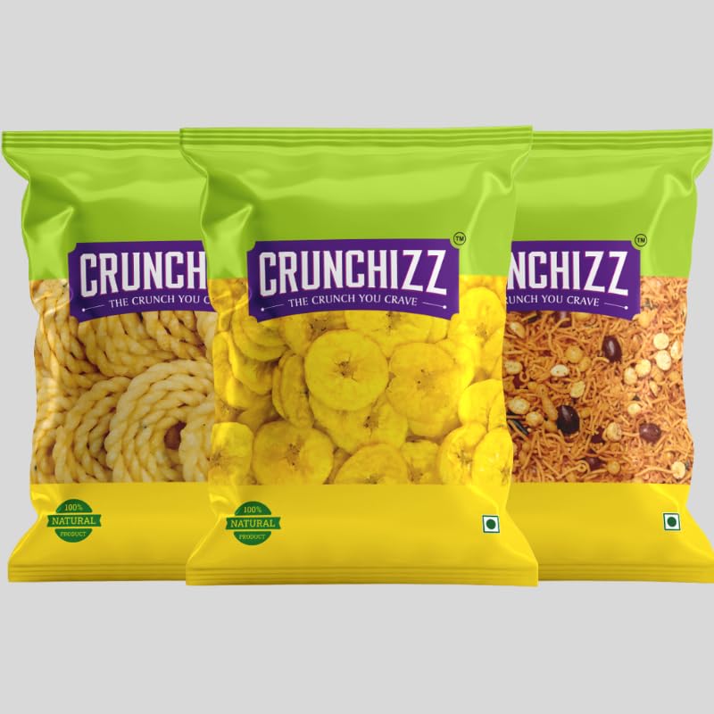 CRUNCHIZZ Kerala Snacks Combo Pack I Authentic Kerala Style Yellow BANANA CHIPS, Traditional GHEE MURUKKU (Chakli) & Spicy KERALA NAMKEEN MIXTURE I No Artificial Colors or Additives I Pack of Three I