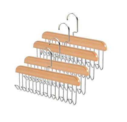 Multipurpose 8 Hook Non-Slip Hanger for Lingerie, Bra, Belt, Tie & Scarf Organizer | Adjustable Rotating Closet Storage Hanger | Space Saving Wardrobe Organizer (Wooden/Metal) (Pack of 4)