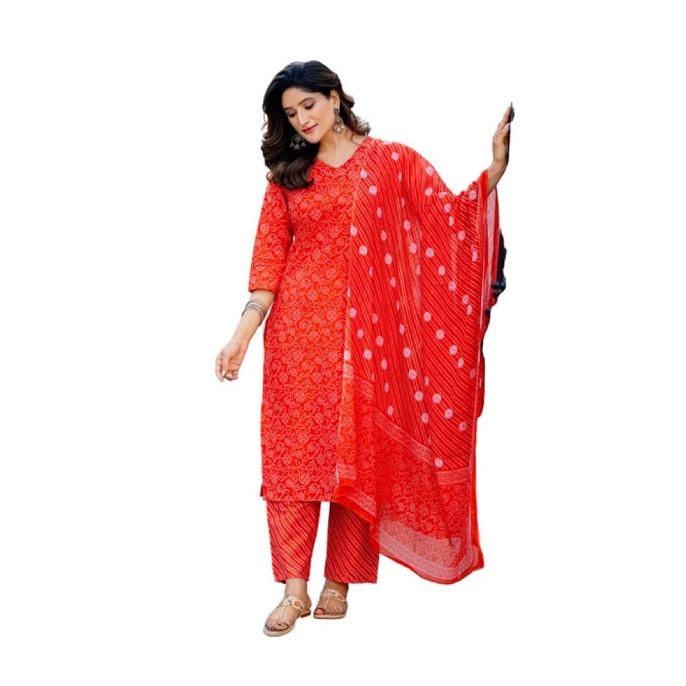 womens cotton blend printed kurti with pant dupatta set orange pid63064