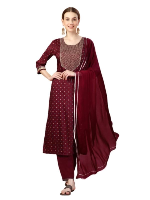 Women's Casual 3-4 th Sleeve Embroidery Silk Blend Kurti Pant Dupatta Set (Maroon, XL)-PID50236