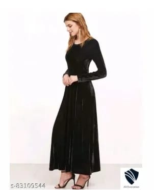 Elizy Black Plain Velvet Long Dress For Women