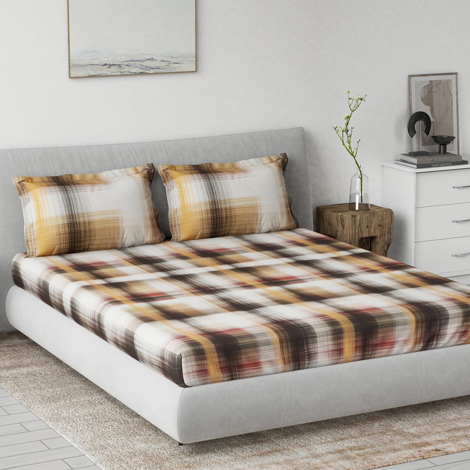 DDECOR - Primary Collection 100% Cotton Contemporary Pattern 145TC King Bedsheet |229 CM X 274 CM| with 2 Pillow Covers - Brown