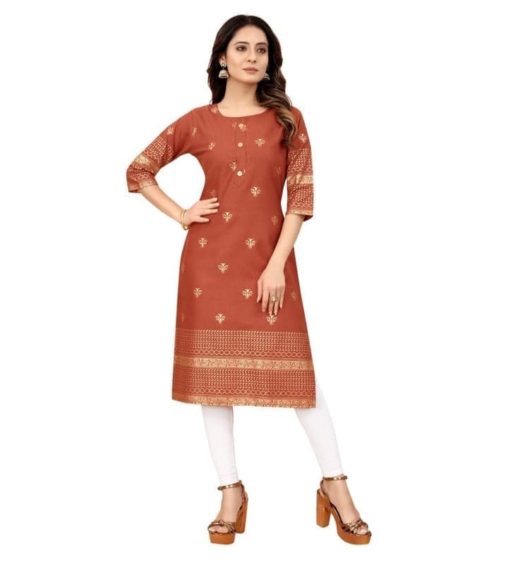 Women's Casual 3/4th Sleeve Foil Gold Printed Cotton Kurti (Orange, L)-PID46153