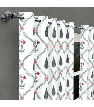 Madhuban Bloom Curtains  Hand Block Print with Pink Florals & Green Leaves ( 5 Feet )