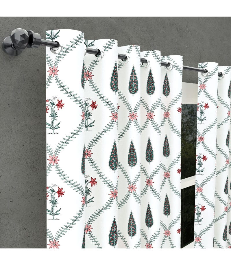 Madhuban Bloom Curtains  Hand Block Print with Pink Florals & Green Leaves ( 5 Feet )