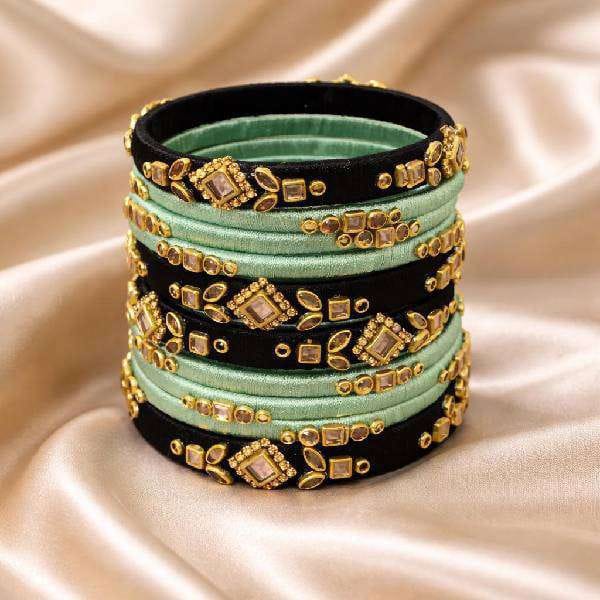 Pastel Green Black Silk Thread Stone Bangles Set Women