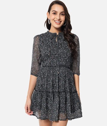 ALL WAYS YOU Women Georgette Printed Fit & Flare Dress ( Black )