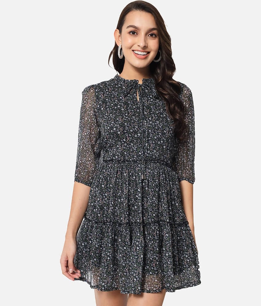 ALL WAYS YOU Women Georgette Printed Fit & Flare Dress ( Black )