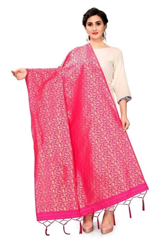 Women's Silk Pure weaving Work Duppatta (Pink, Leangth: 2-2.3 Mtrs)-PID44961
