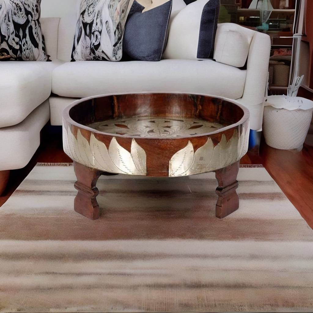 Wooden Indian Art Style Carved Antique Coffee Table | Brass Fitted Grinder Stool for Home Decor