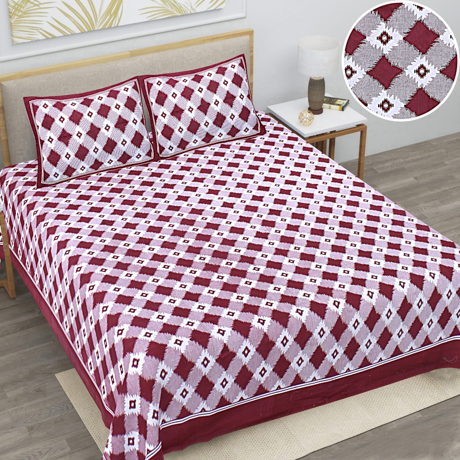 3001-Hometrade India-Standard King Size (90*108 Inches)-Pure Cotton Jaipuri Double Bedsheet With Matching Pillow Cover