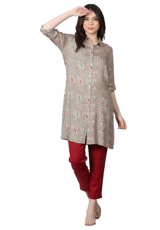 Women's Casual 3/4 Sleeve Viscose Rayon Printed Kurti (Grey, L)-PID46412