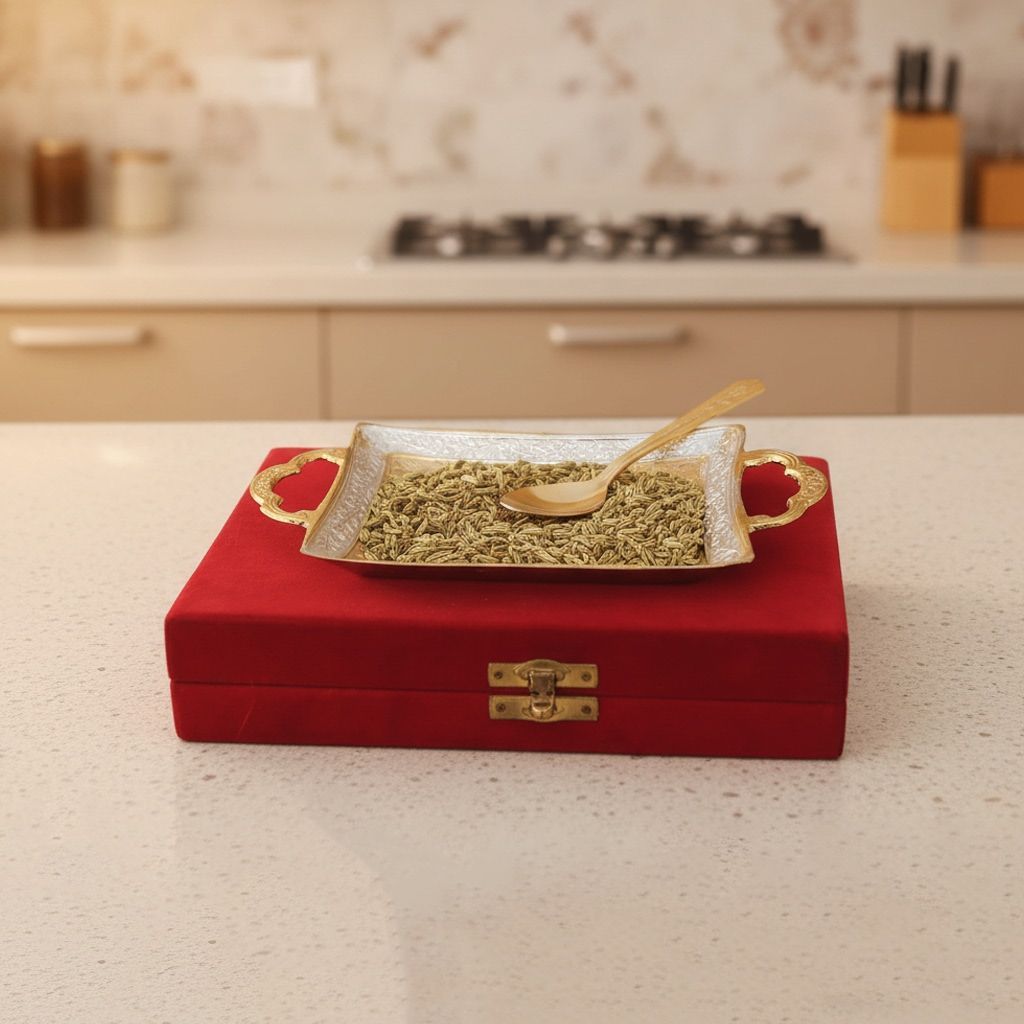 Brass Tray With Spoon Packed In Velvet Box (BMAS022)