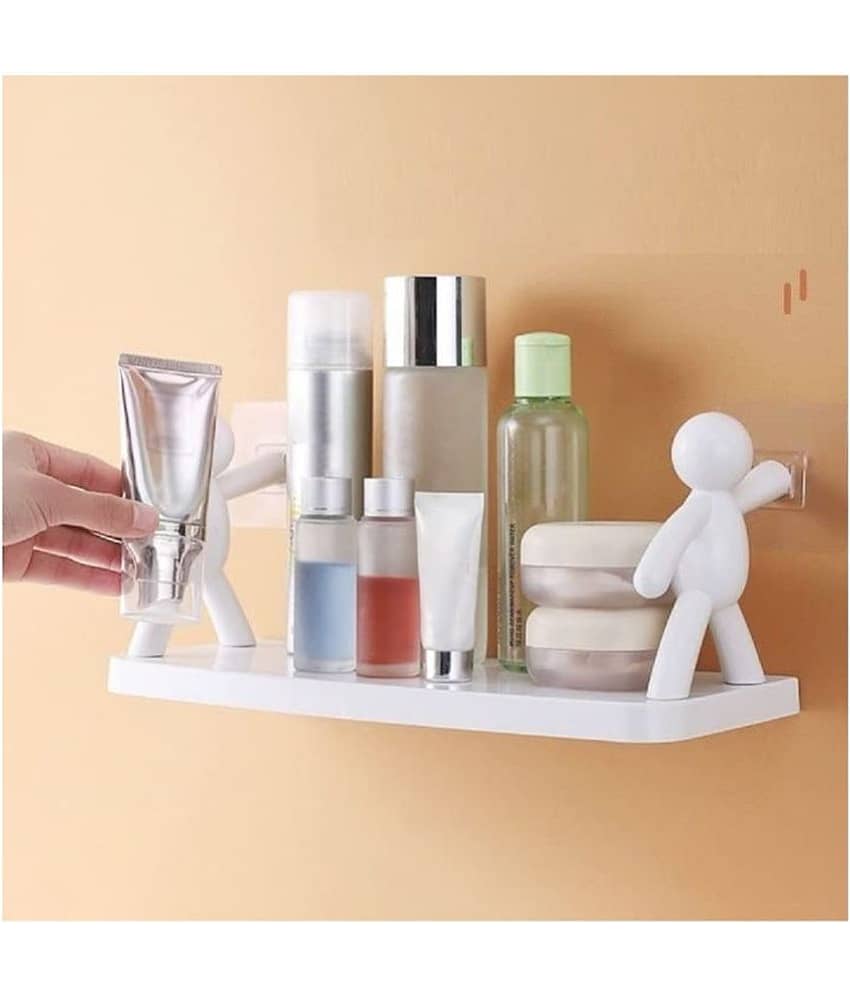 BLUE HOME AND KITCHEN Plastic Self Adhesive Wall Mounted Human Figure Plastic Bathroom Shelf White
