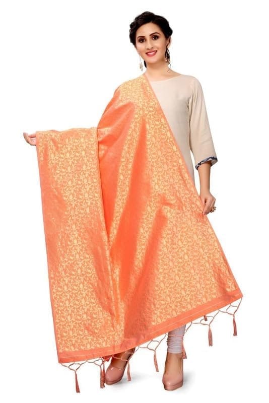 Women's Silk Pure weaving Work Duppatta (Orange, Leangth: 2-2.3 Mtrs)-PID44953