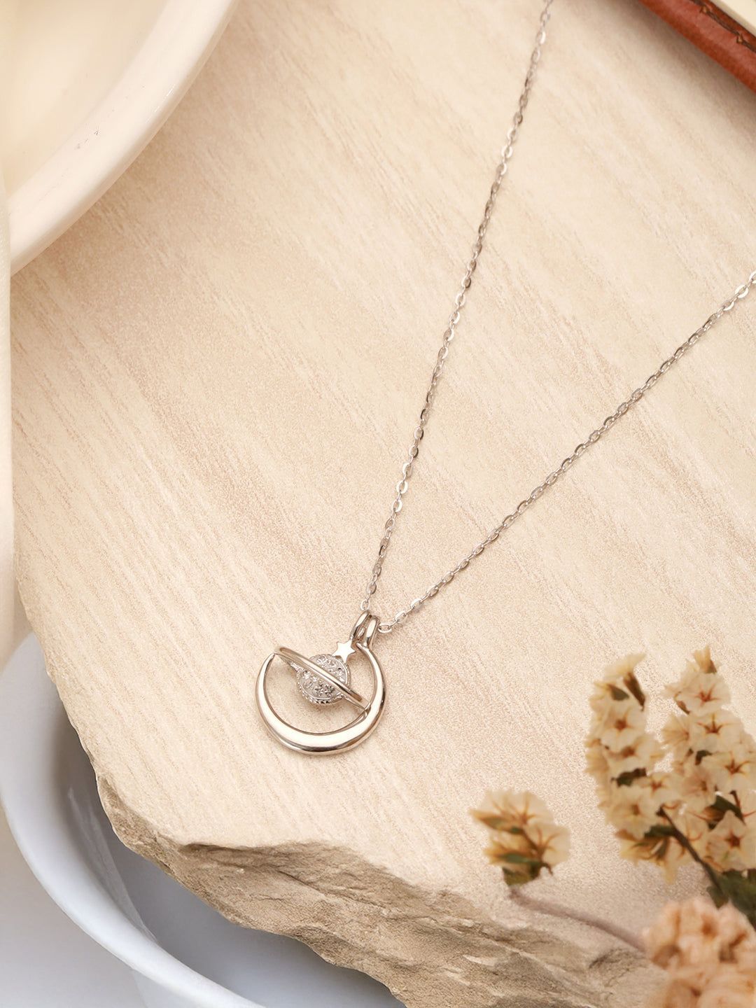 925 Sterling Silver Rhodium Plated Zircon Studded Saturn Cosmic Pendant Necklace & chain