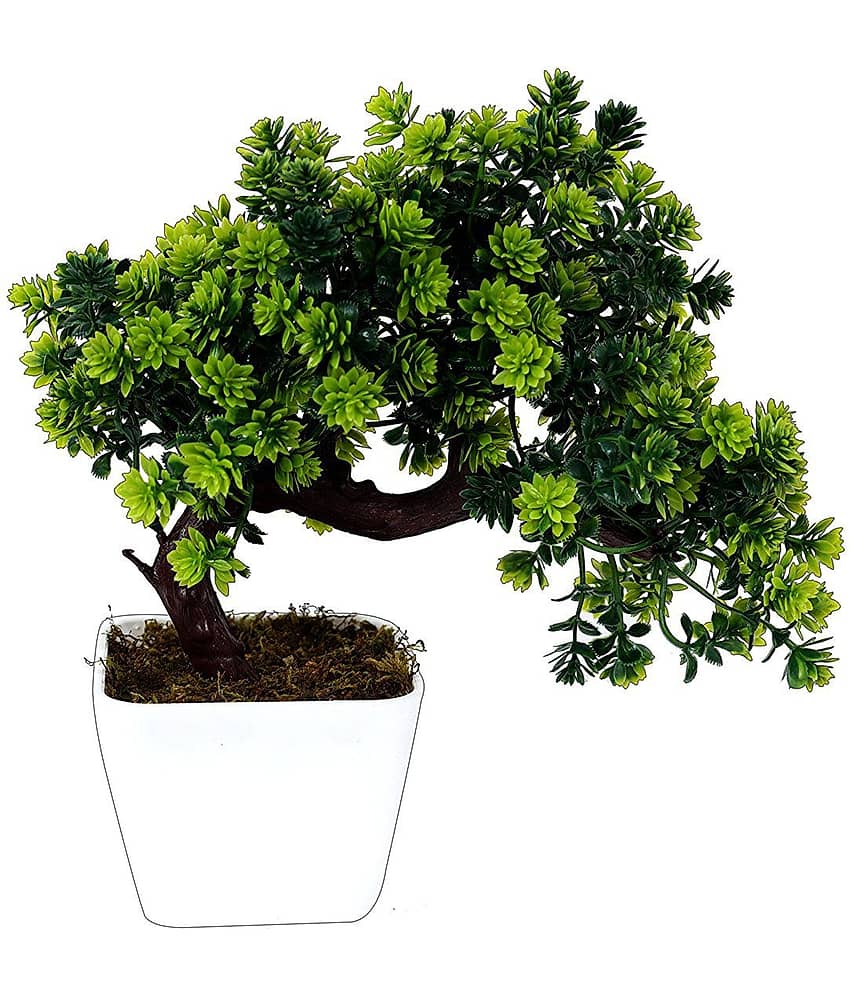 YUTIRITI Bonsai Plant Tree Green Leaves With Pot Green Artificial Tree Plastic - Pack of 1