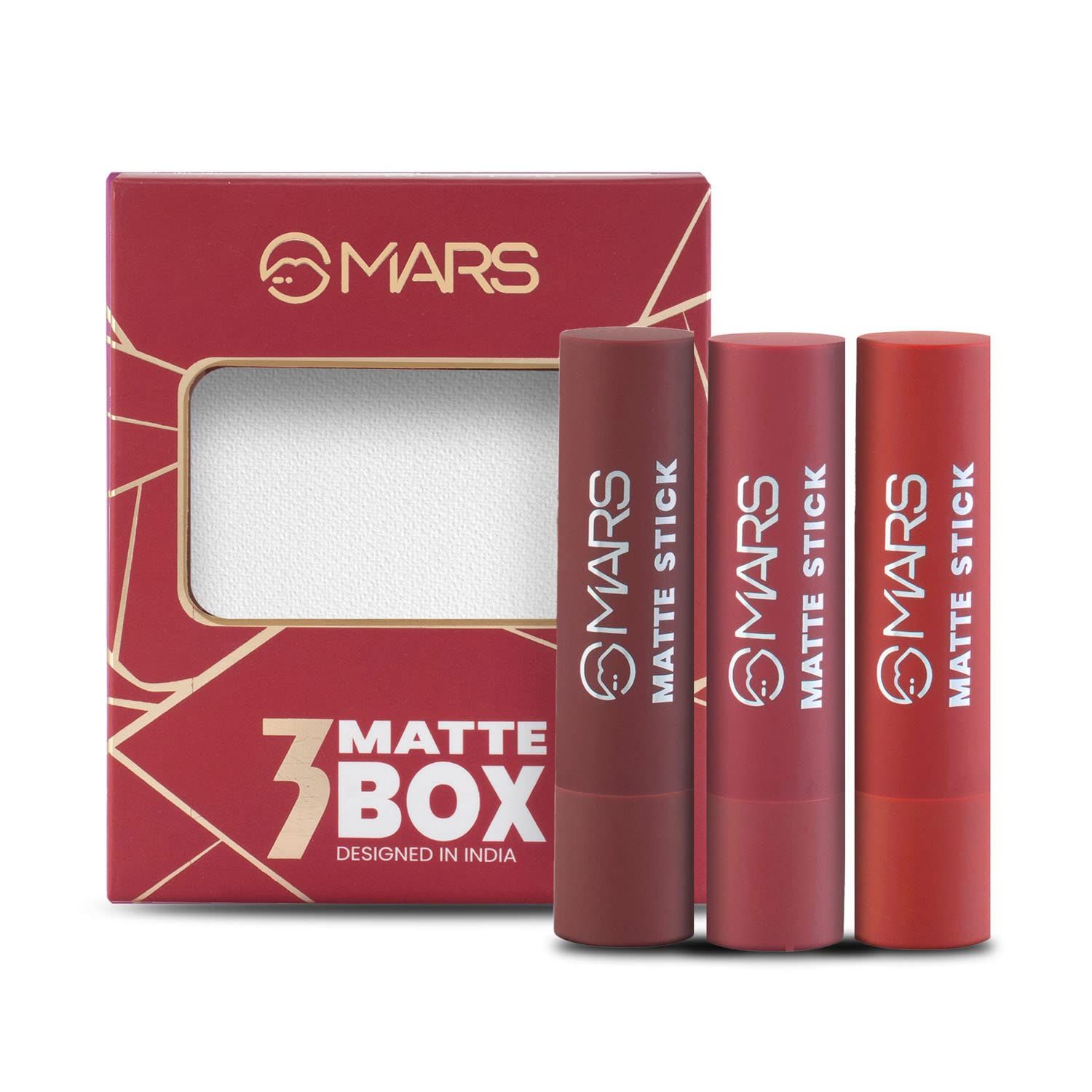 MARS Matte Box Set of 3 Lipsticks for Women | Pack of 3 Lipsticks | Matte Finish, Highly Pigmented | Smooth Glide & Long-Lasting| No Frequent Touch-ups (3x3.2 gm) (01-Red & Maroon)