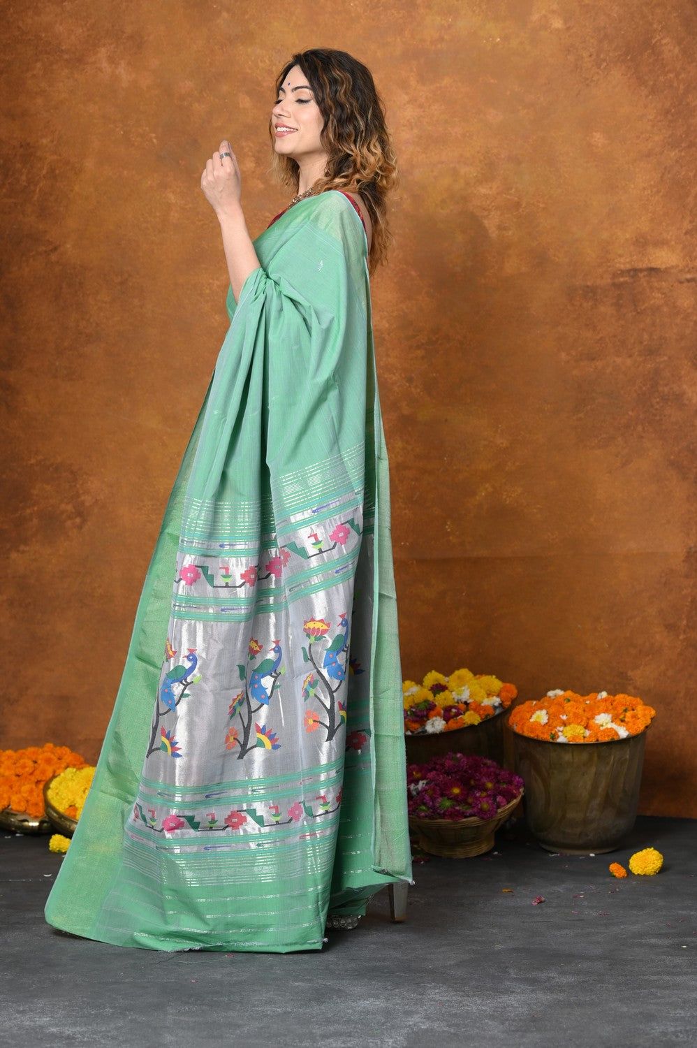 EXCLUSIVE! Handloom Pure Cotton Paithani With Asawali Pallu~Sea Green