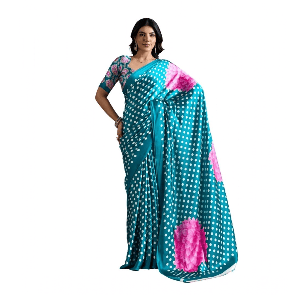 womens satin crepe printed saree with unstitched blouse 5mtr sky blue pid65056