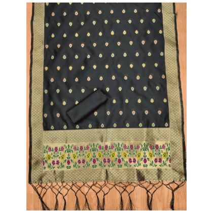 Generic Women's Banarasi Silk Printed Unstitched Salwar Suit Material With Dupatta (Black, 3Mtrs)
