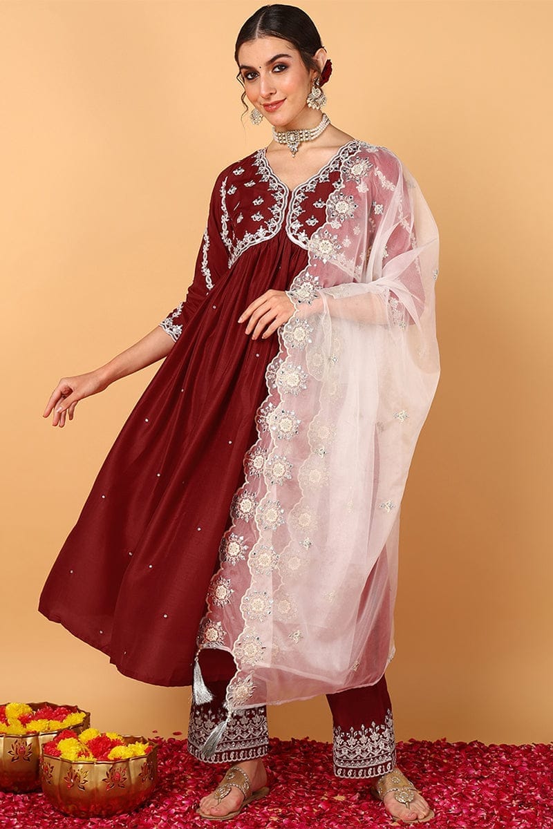 Plus Size Red Silk Blend Solid Embroidered Flared Suit Set PKSKD2115