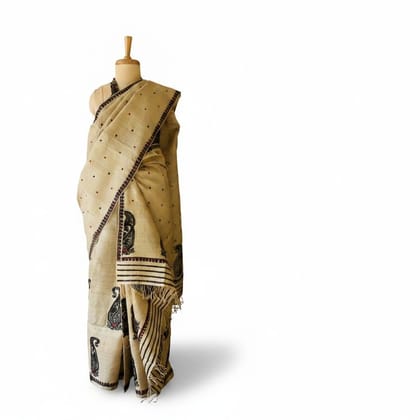 Artisanal Beige Saree with Black Motif Print
