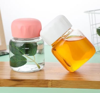 Small Glass Water Bottles with Lid and Scale Mark 300ml Cute Milk Cup, Coffee Mug, Juicing Drinking Jar for Fruit, Tea, Hot & Cold Drinks (Pack of 2)