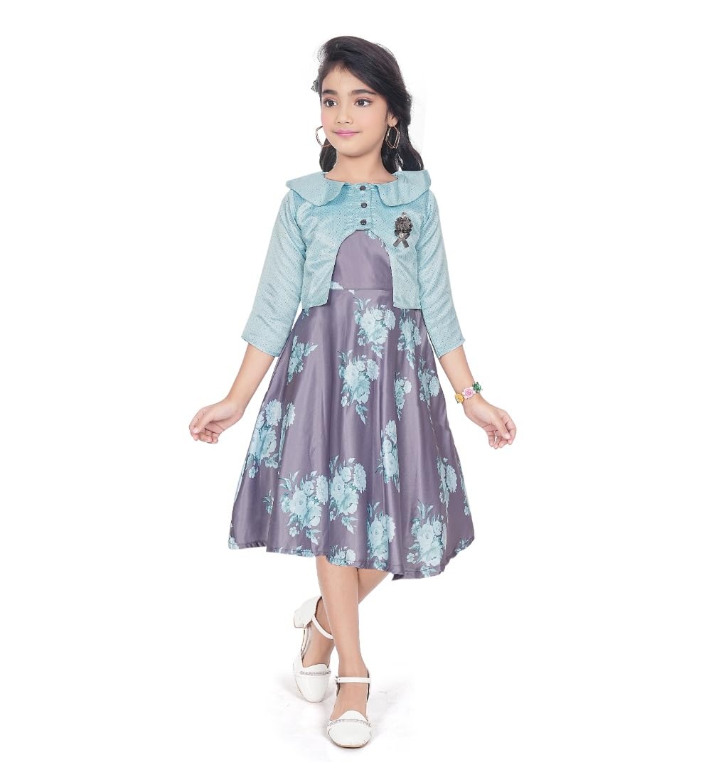 Girl's Satin Printed Sleeve Less Round Neck Dress (Sea Green, 7-8_Yrs)-PID63820