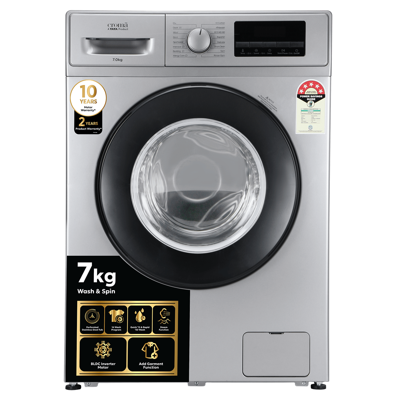 Croma 7 kg 5 Star Inverter Fully Automatic Front Load Washing Machine (In-built Heater, Silver Grey)