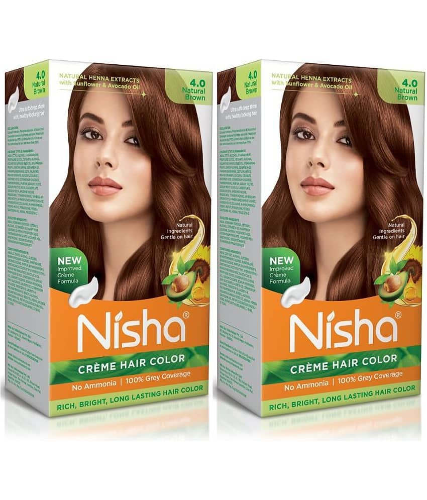 Nisha Creme Hair Color 4.0 Natural Brown 120g Pack of 2, Permanent Hair Colour, No Ammonia, 100% Grey Coverage
