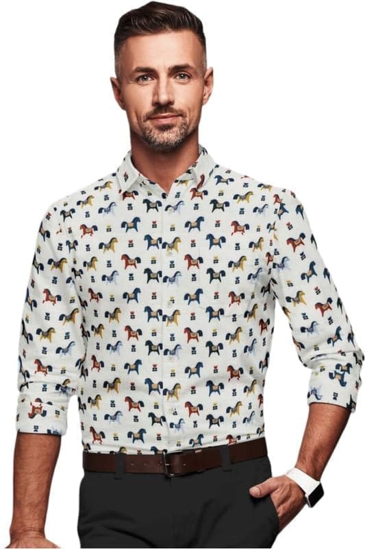 Men's Cotton Blended Printed Full Sleeve Shirt (Multicolor, L)-PID53457