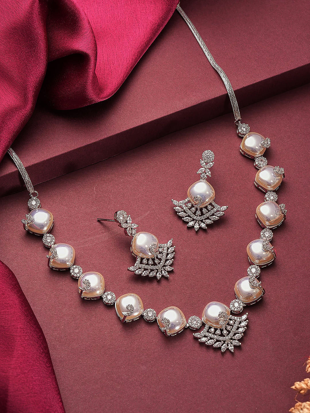 Silver Plated AD & Pearl Studded Designer Cocktail Jewellery Set