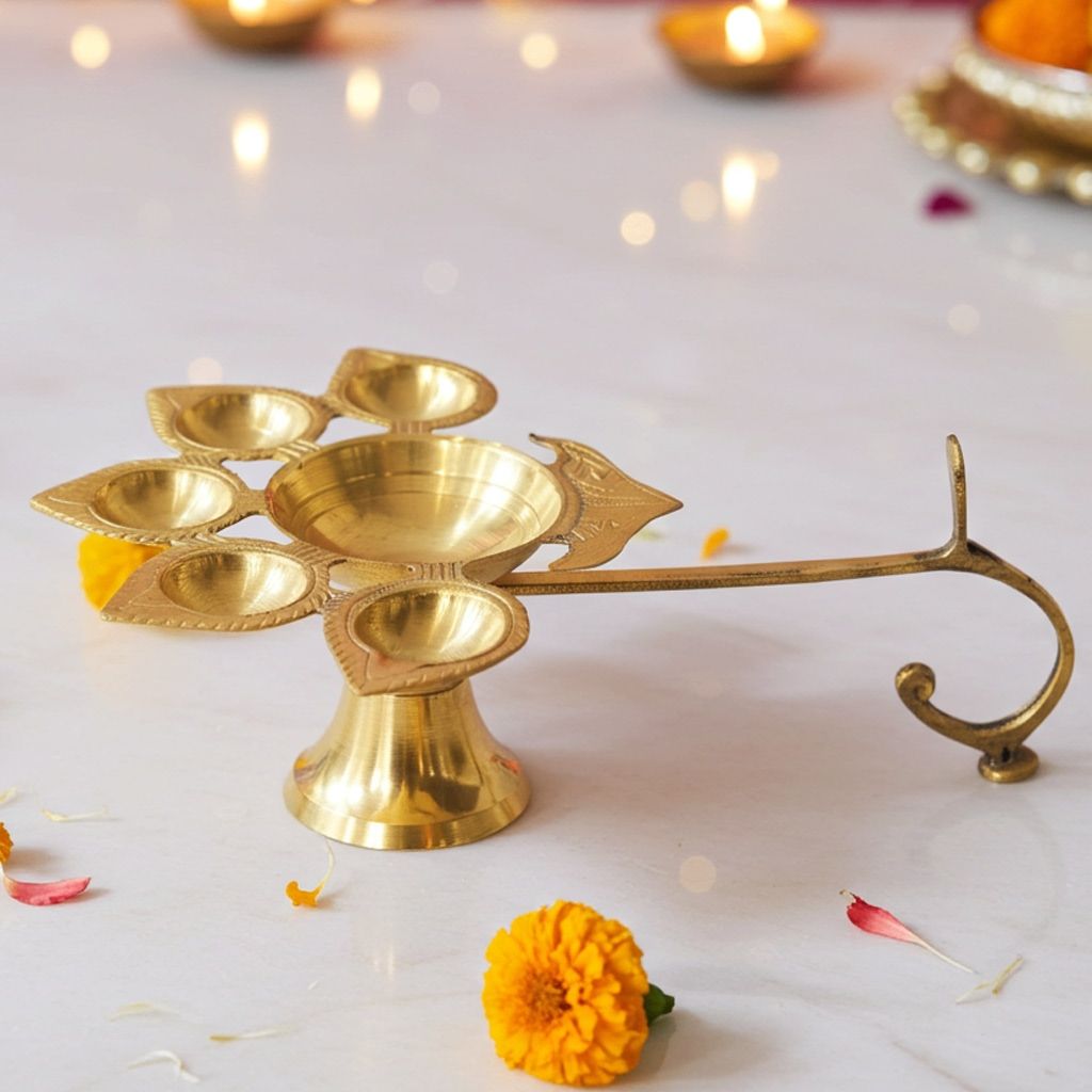 Brass Table Decor Oil Lamp Deepak 5 Wicks  - Premium Brass Deepak for Temple Lighting, Height : 3.5 Inch (FMAS317 E)