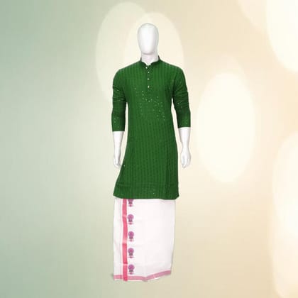 Men's Embroidered Green Kurta with Traditional Dhoti Set | Ethnic Festive Wear