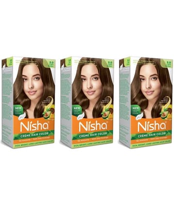 Nisha Creme Hair Color 5.0 Light Brown 120g Pack of 3, Permanent Hair Colour, No Ammonia, 100% Grey Coverage