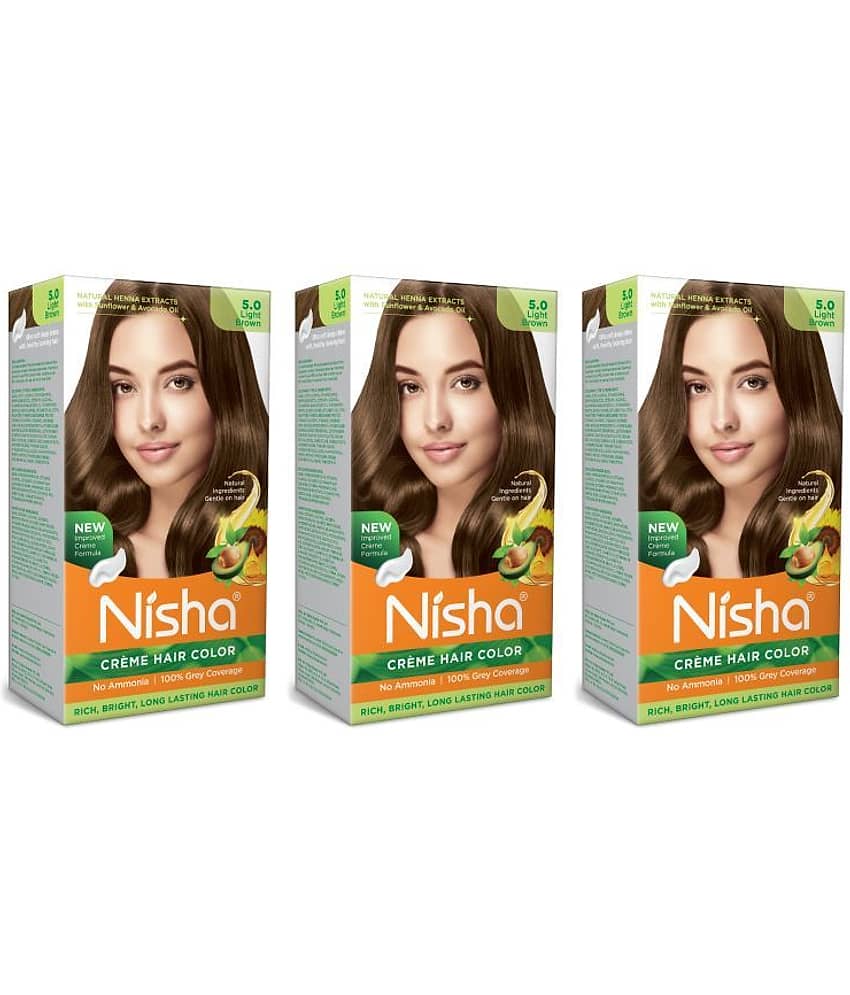 Nisha Creme Hair Color 5.0 Light Brown 120g Pack of 3, Permanent Hair Colour, No Ammonia, 100% Grey Coverage