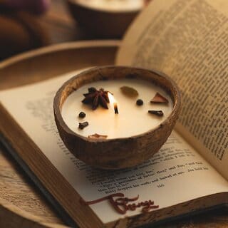 Coconut Shell Spice Candle/Diya  Eco-Friendly Scented Soy Wax Candles for Diwali  Festives - Wooden (Set of 2)