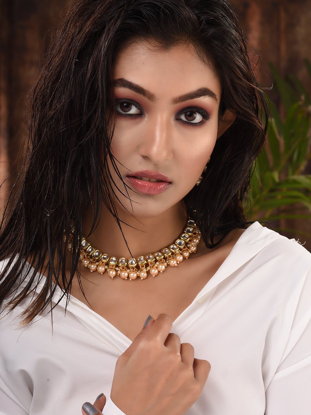Gold Plated Single line Kundan Pearl Beaded Necklace Jewellery Set
