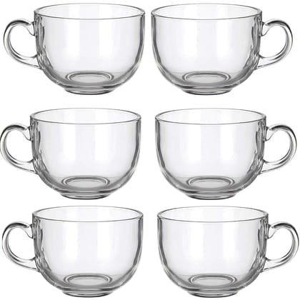 Clear Round Shaped Glass Coffee Cup with Handle | 150 ML | Transparent Glass Tea Cup Set for Coffee, Tea, Milk | Set of 6