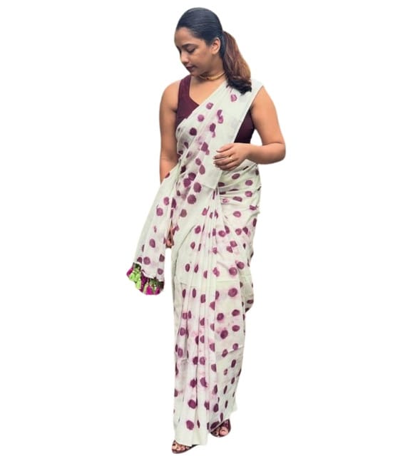 Women's Linen Printed Saree With Unstitched Blouse - 5.5 Mtr (White-Wine)