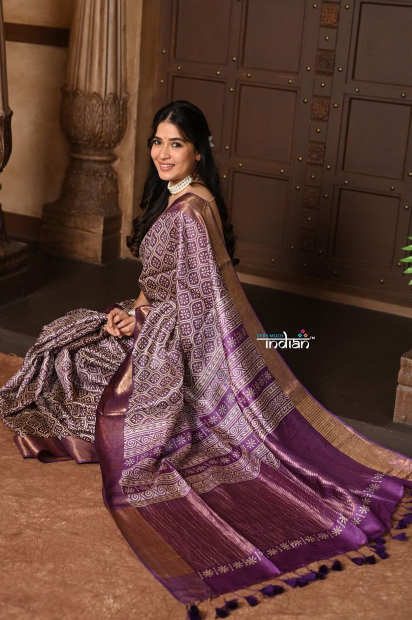 Prampara ~ Pure Tussar Silk Saree with Elegant Digital Print in Purple