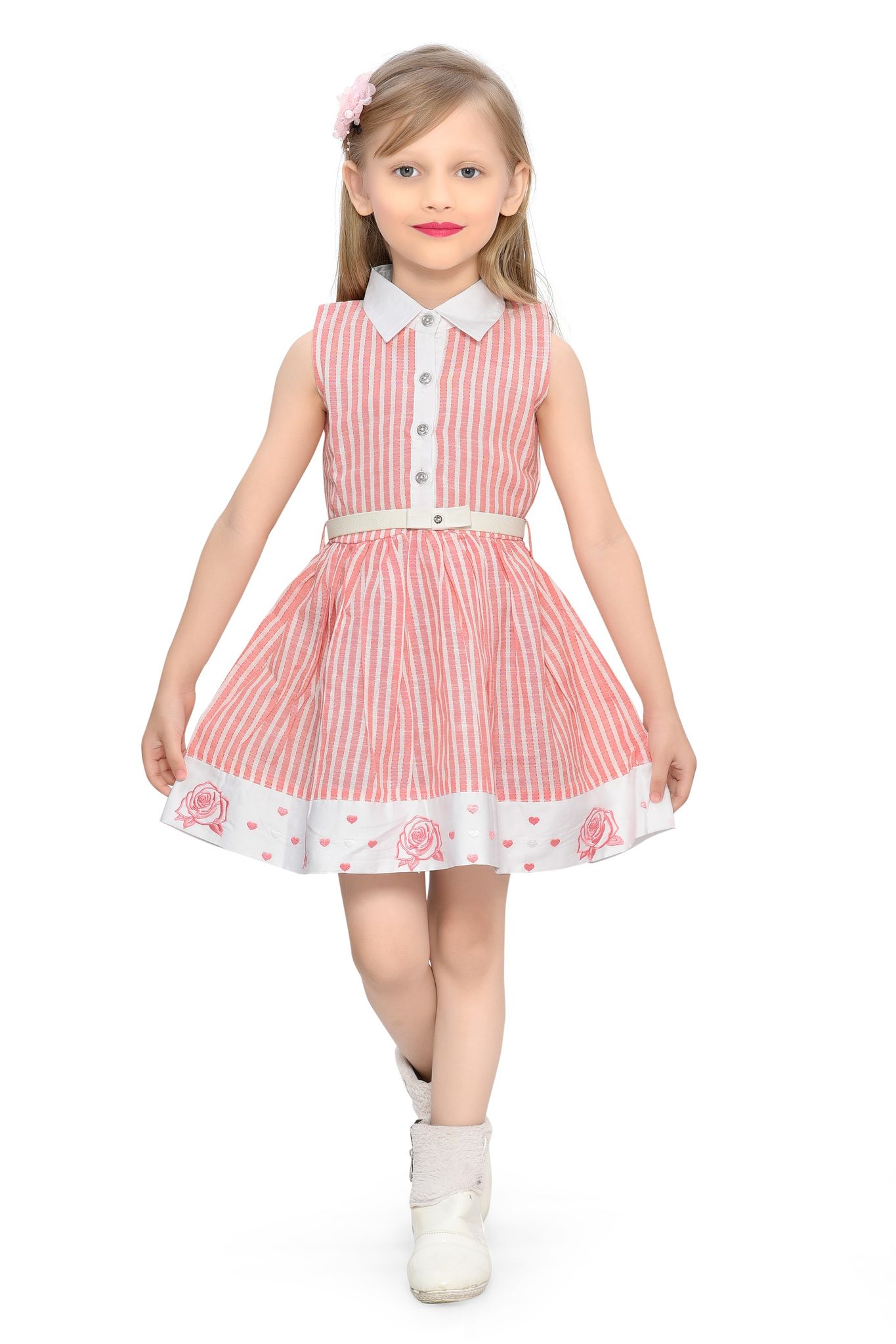 Be:Kids Pink Sweet Summer Stripes and Roses Cotton Dress with Peter Pan Collar