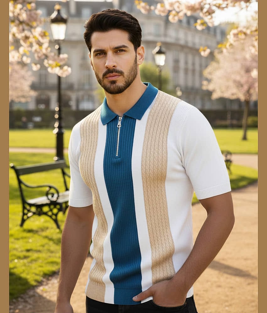 AUSK Men Cotton Blend Regular Fit Striped Polo T Shirt ( Coffee )