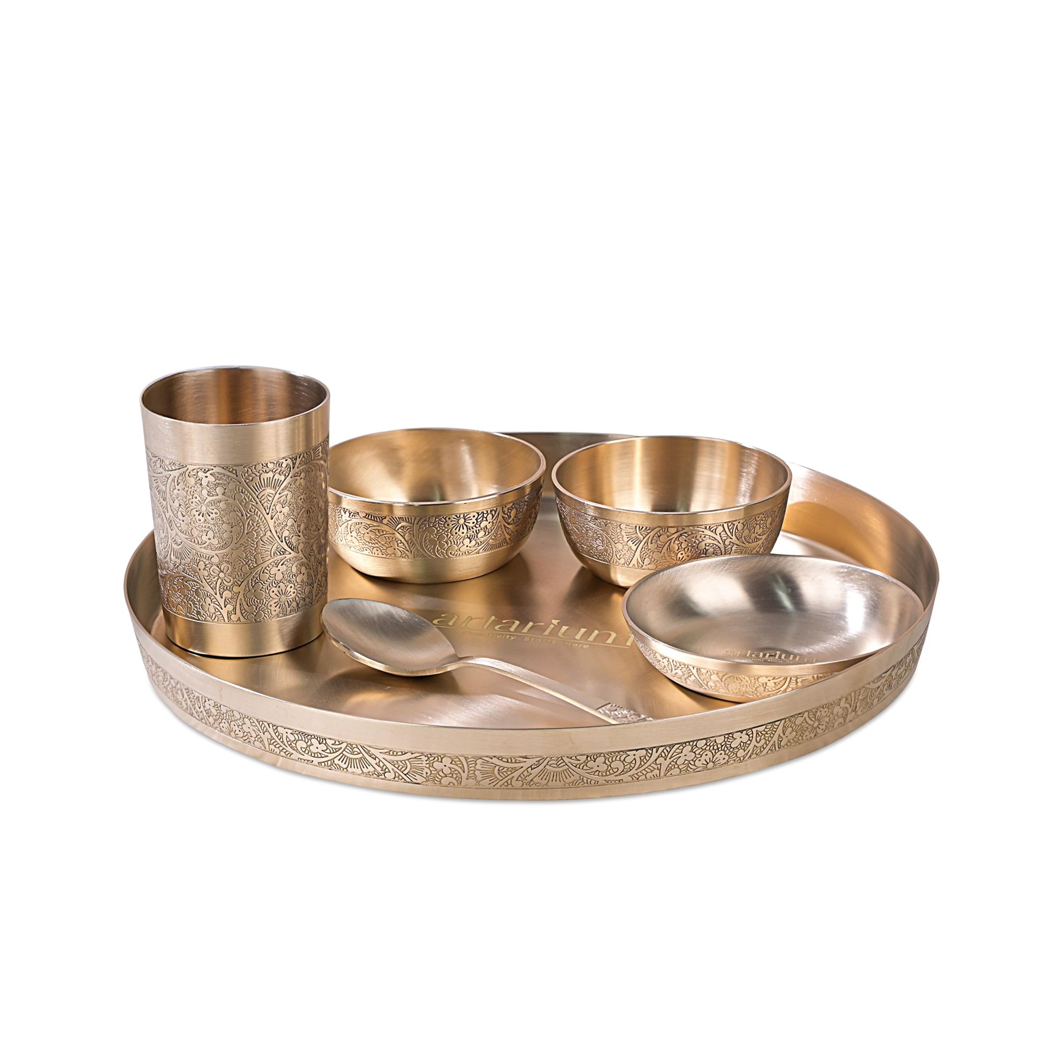 Artarium Brass Premium Thali Set Brass Hammered Thali Set with Antique Finish Luxury Spoon Glass and Bowls Set for Home and Restaurant Brass Utensils for Kitchen