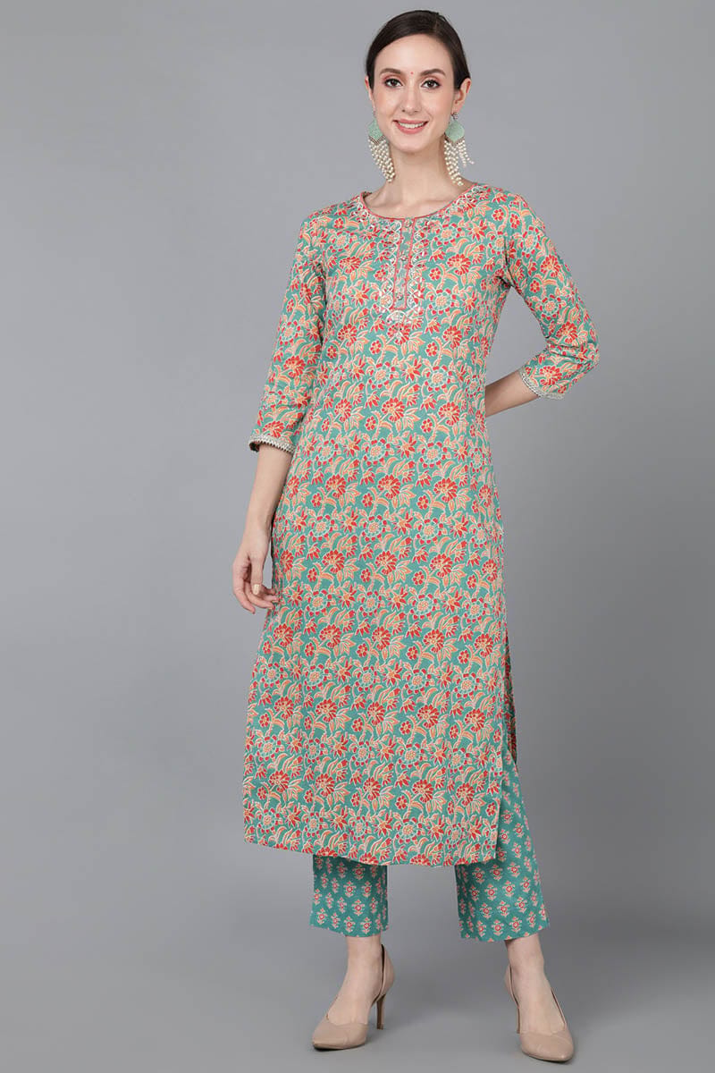 Beige Cotton Floral Printed Kurta VCK8817
