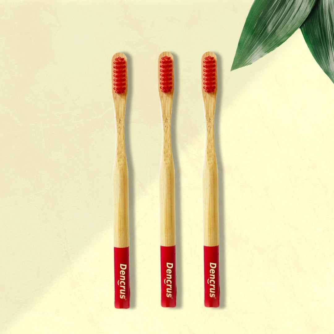 Dencrus Orby Plus Bamboo Toothbrush Pack (Red, Pack of 3) | Extra Soft Bristles & Gum Care | Daily Oral Hygiene
